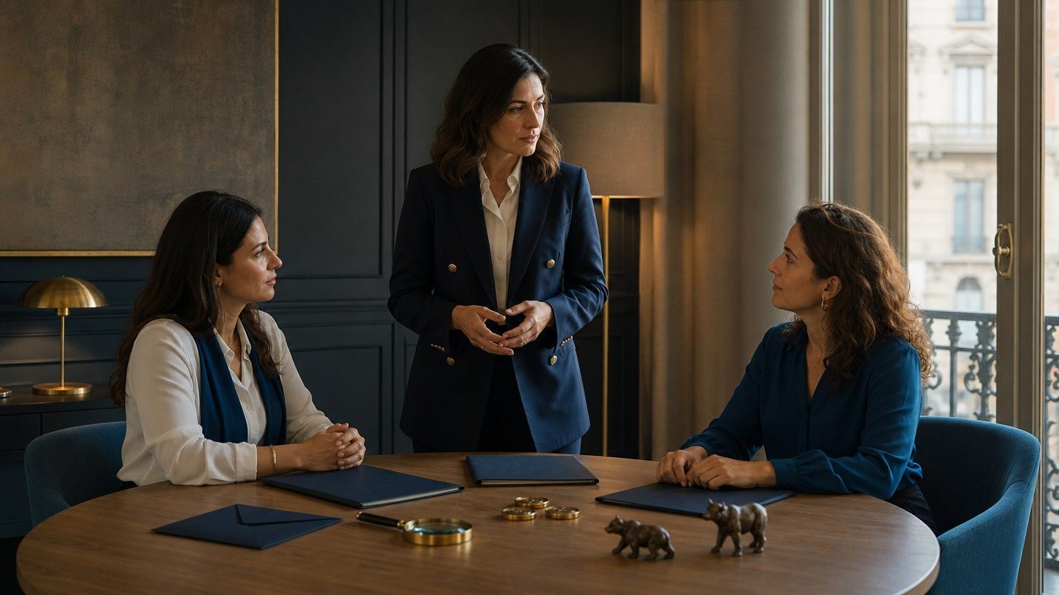 Tre professioniste della finanza discutono intorno a un tavolo con cartelle vuote, dischi metallici e simboli di mercato.