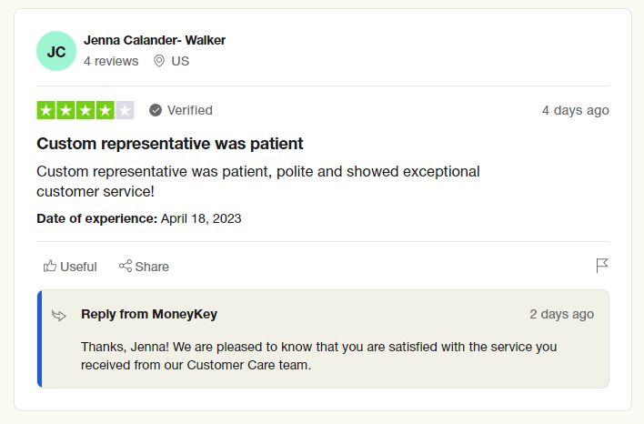 MoneyKey Trustpilot reviews screenshot