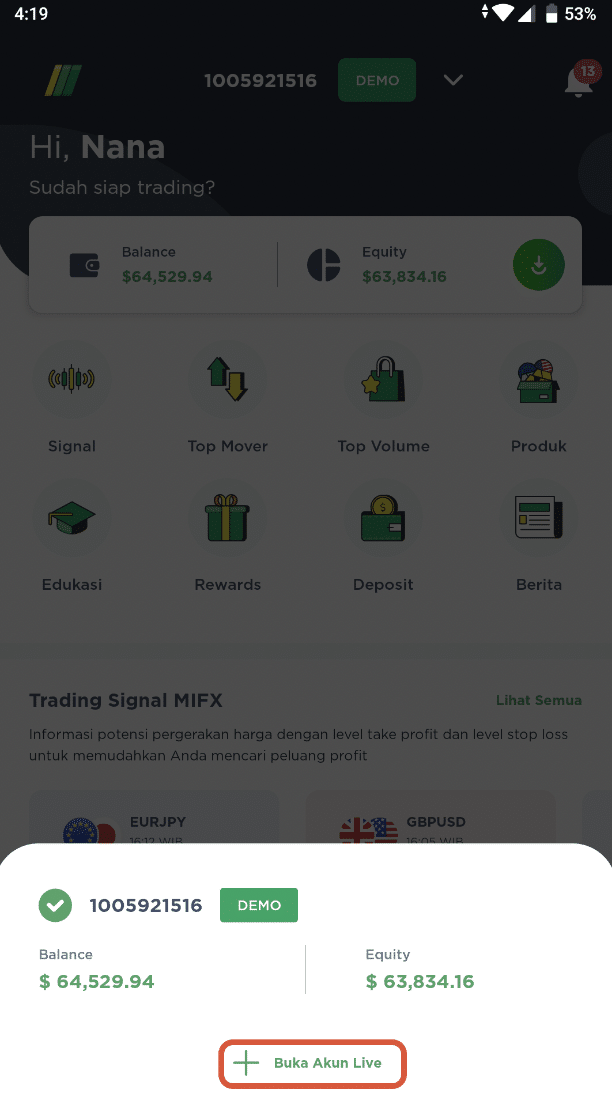 Pilih buka akun live mifx