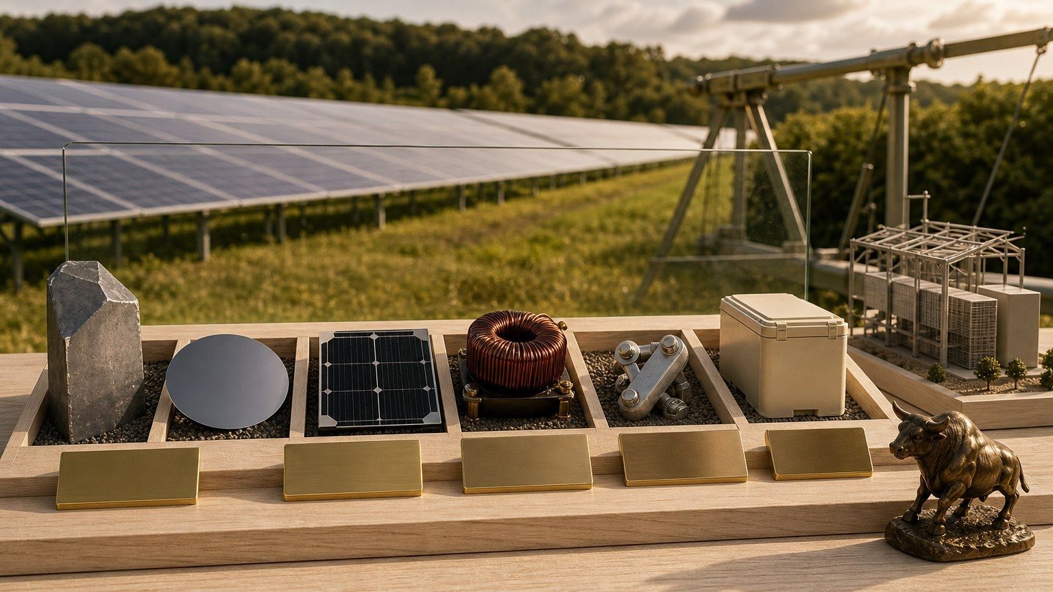 Öt különböző napenergia-ipari elem külön befektetési rekeszben egy napelempark mellett.