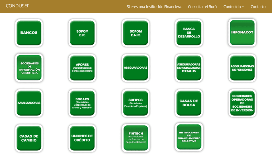 Pantalla del sitio de CONDUSEF con categorías de instituciones financieras, como bancos, aseguradoras, afores y fintech.