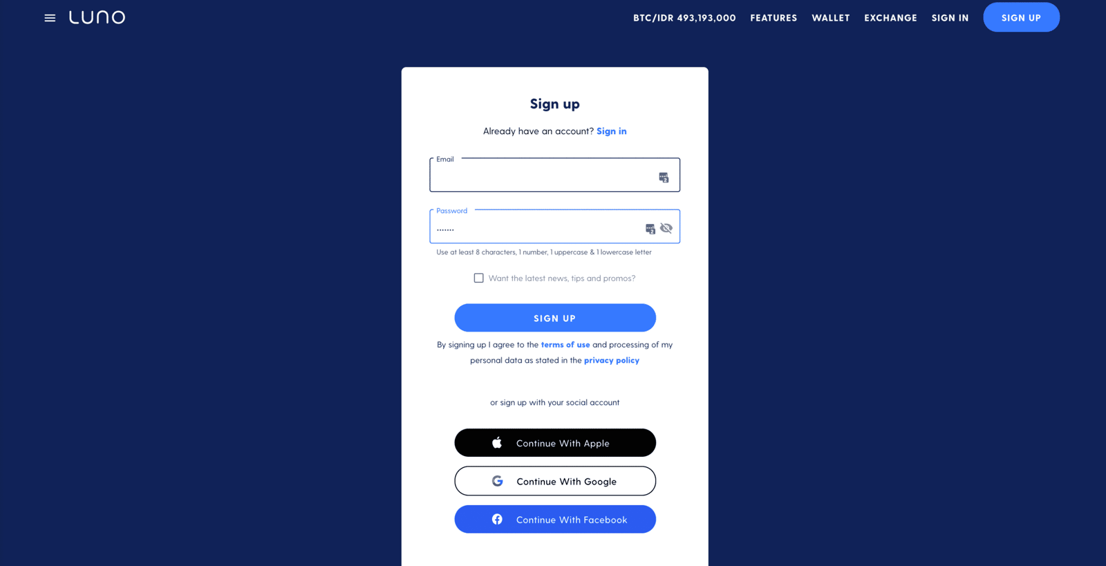Klik alamat email di LUNO