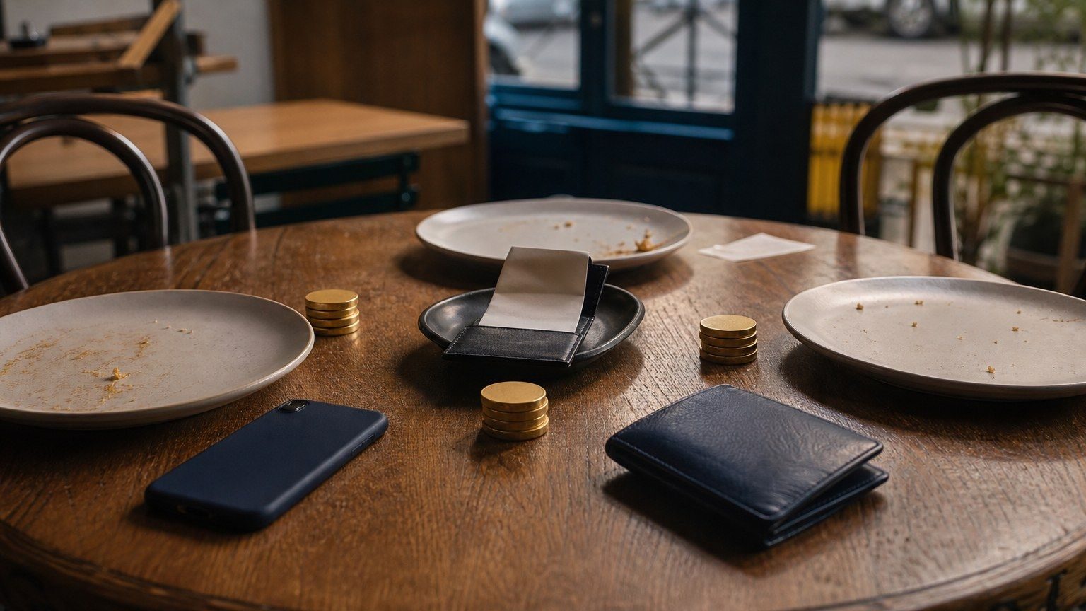 Ein Cafétisch mit leeren Tellern, Münzstapeln, blankem Beleg und verdecktem Smartphone zeigt geteilte Gruppenausgaben.