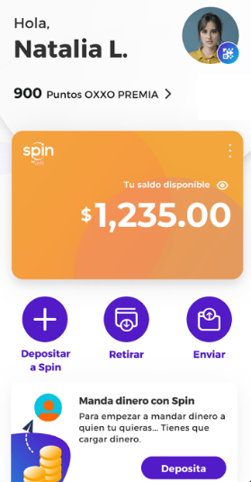 Pantalla de inicio de la app de Spin by Oxxo con saldo disponible de 1,235 pesos y botones para depositar, retirar y enviar