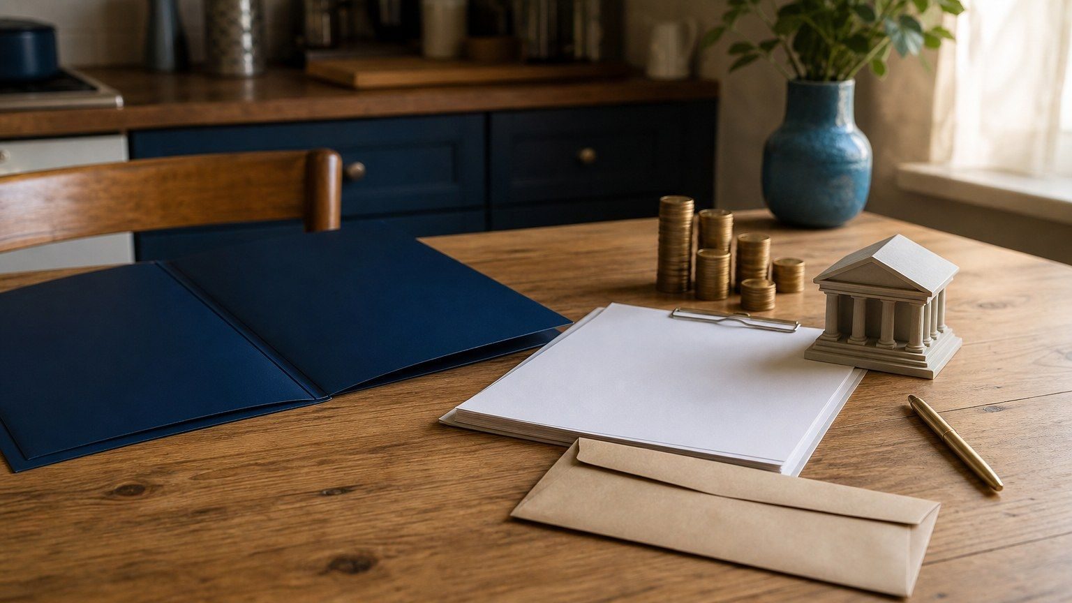 Een aanvraagtafel voor een persoonlijke lening met lege documenten, een salarisenvelop, bankmodel, pen en munten.