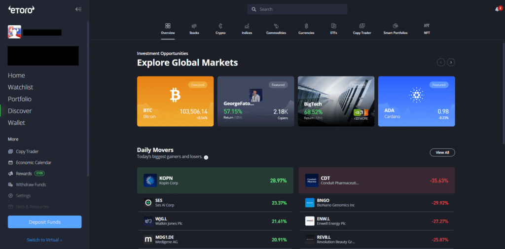 Prehľad globálnych trhov na platforme eToro s kryptomenami a akciami s najväčším denným rastom a poklesom cien.