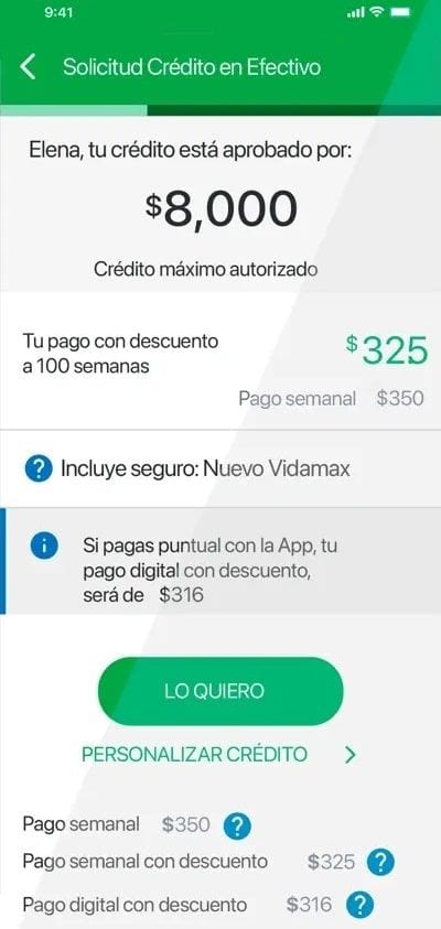 Pantalla de crédito en la app de Banco Azteca con $8,000 aprobados y pago semanal con descuento de $325 a 100 semanas.