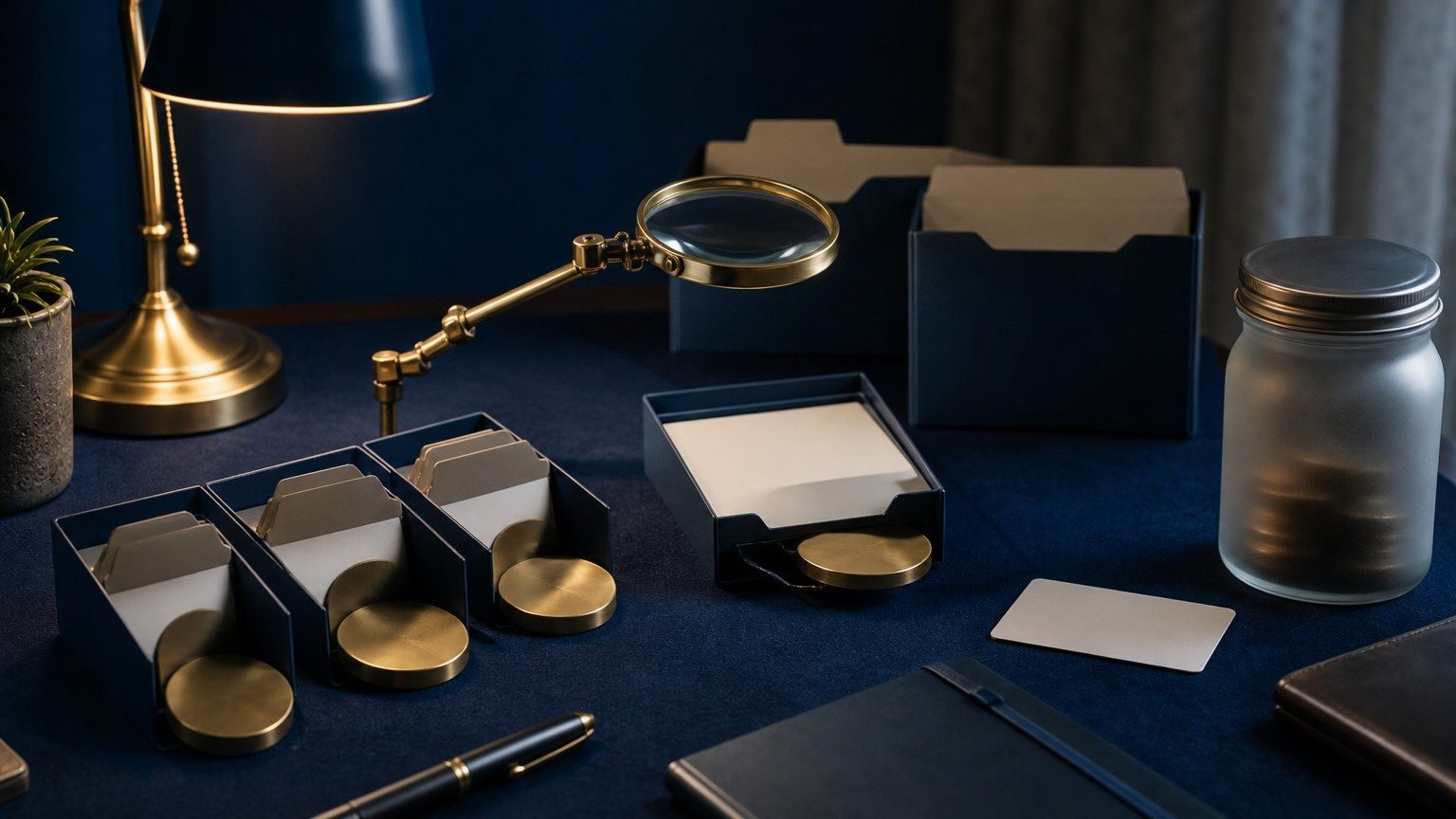 Blank credit card folders feed into a selected credit-file tray under a magnifying glass.