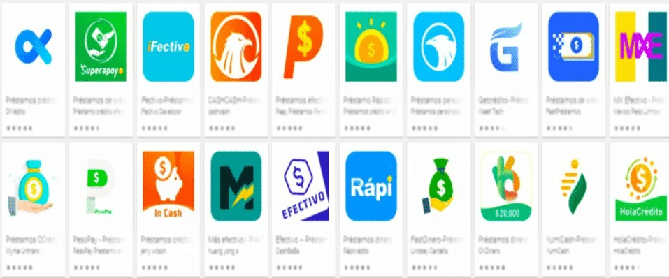 Captura de un catálogo de apps de préstamos con logotipos y calificaciones, entre ellas Rápi, In Cash y HolaCrédito.
