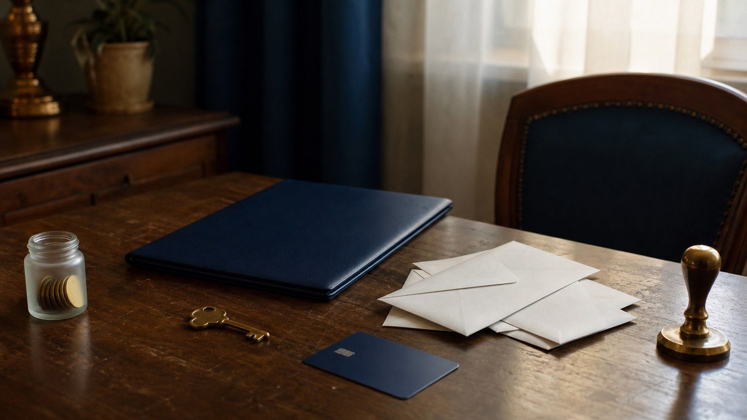 Table de succession avec dossier bancaire vierge, carte face cachée, clé et documents de compte joint.