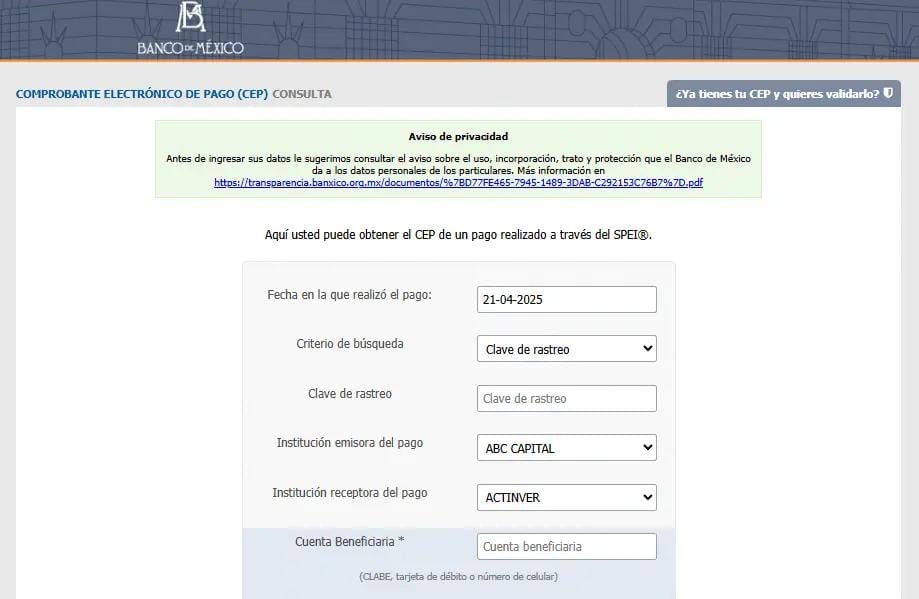 Pantallazo del Módulo de Información del SPEI® (MI-SPEI)