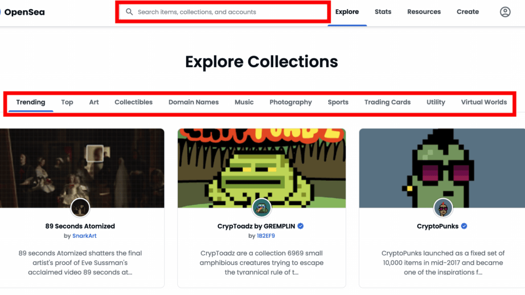 OpenSea keresés és trending NFT-k