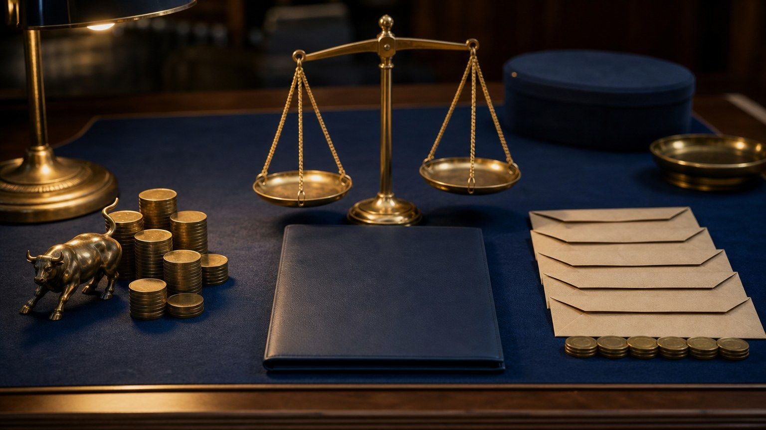 Un cântar de alamă separă acțiunile reprezentate de un taur și monede de obligațiunile reprezentate de plicuri goale.