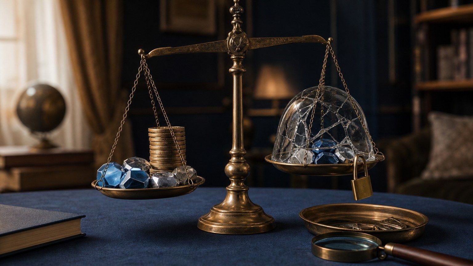 Eine Waage zeigt blanke Krypto-Token, Münzstapel, ein Schloss und gebrochenes Glas als Chancen und Risiken.
