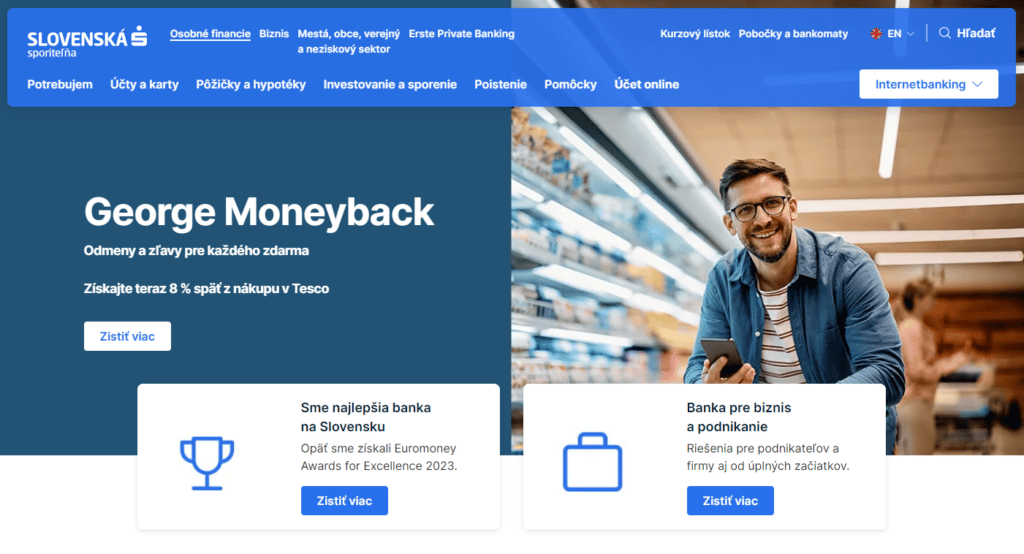 Úvodná stránka Slovenskej sporiteľne s ponukou George Moneyback a odmenou 8 % späť z nákupu v Tesco.