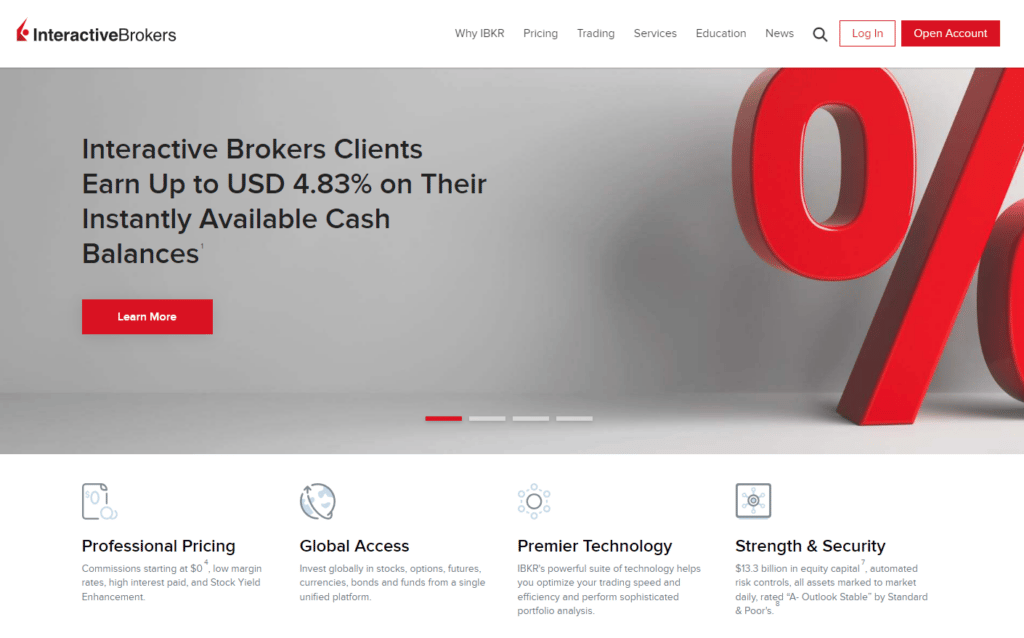 Úvodná stránka webu Interactive Brokers s ponukou úročenia hotovostných zostatkov v USD až do 4,83 %.