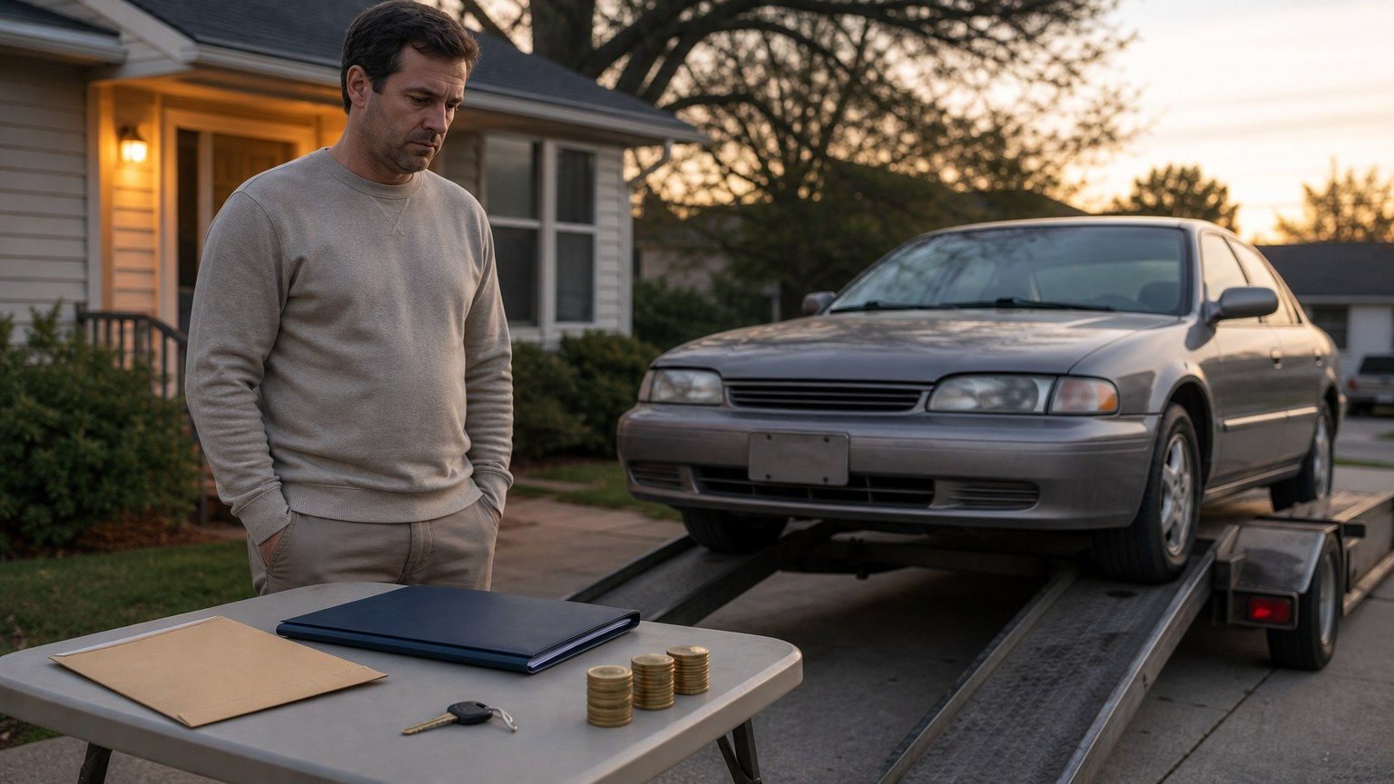 An older car on a tow ramp in a suburban driveway beside a car key, loan folder, and money stacks.