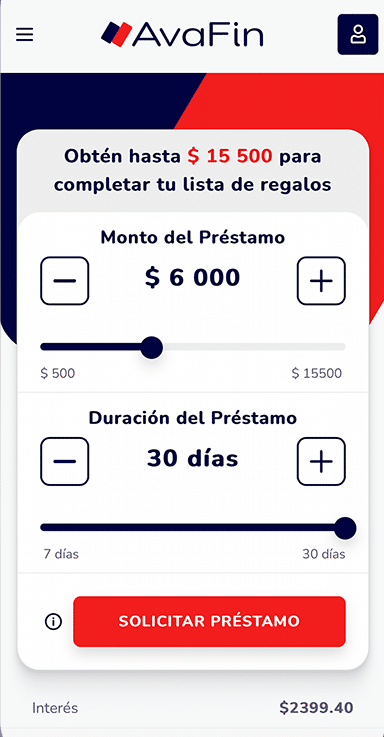 Simulador de préstamos de AvaFin con un monto de $6,000 y un plazo de 30 días.
