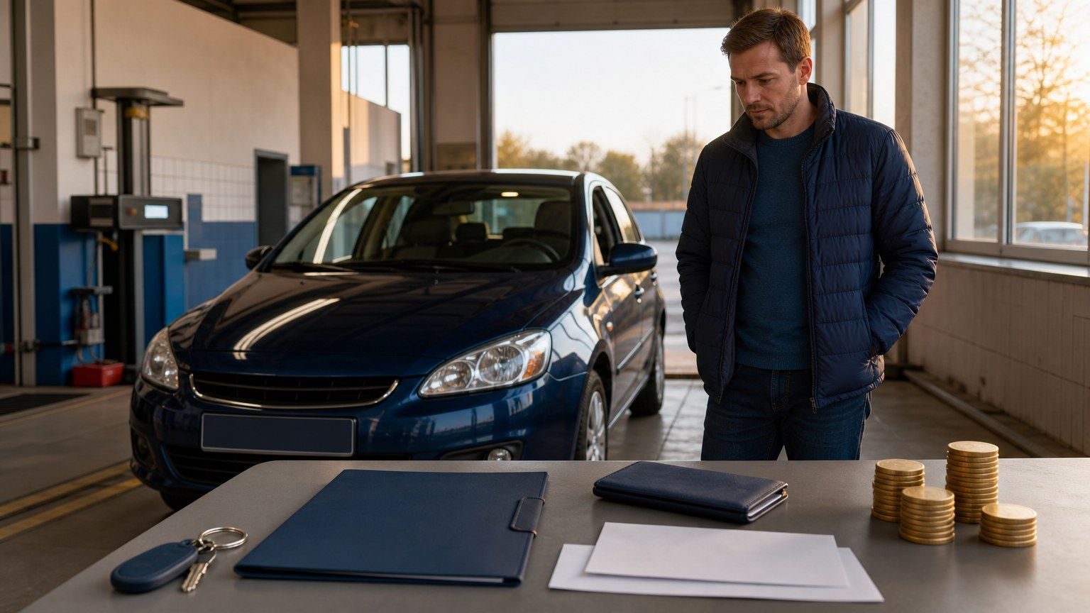 Eine Person steht neben einem importierten Auto, während Autoschlüssel, leere Importunterlagen, Umschläge und Münzstapel die Kosten des Autokaufs im Ausland zeigen.