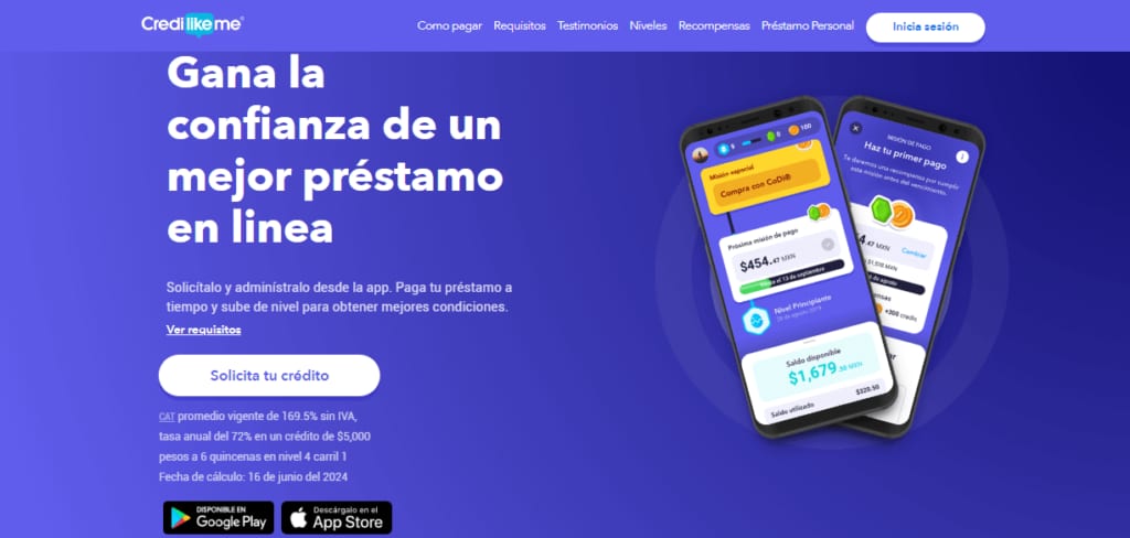 Página de Credilikeme con botón para solicitar crédito, requisitos y dos celulares que muestran su app de préstamos.