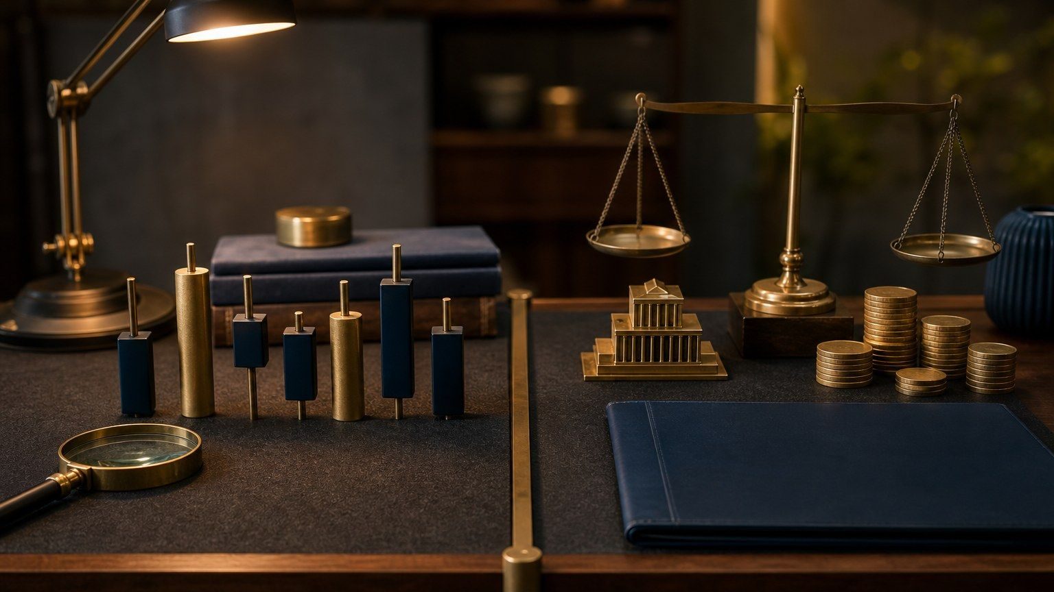 Meja analisis terbagi dua antara blok candlestick fisik dan model perusahaan dengan timbangan, koin polos, serta map biru tua.