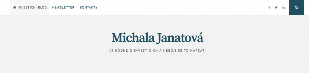 Záhlaví investičního blogu Michaly Janatové s jejím jménem a odkazy na newsletter a kontakty.