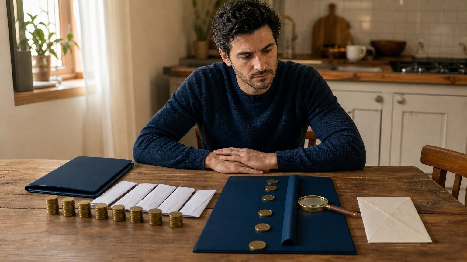 Una persona valuta l’aumento di un finanziamento con cartelle di prestito, buste e monete sul tavolo.