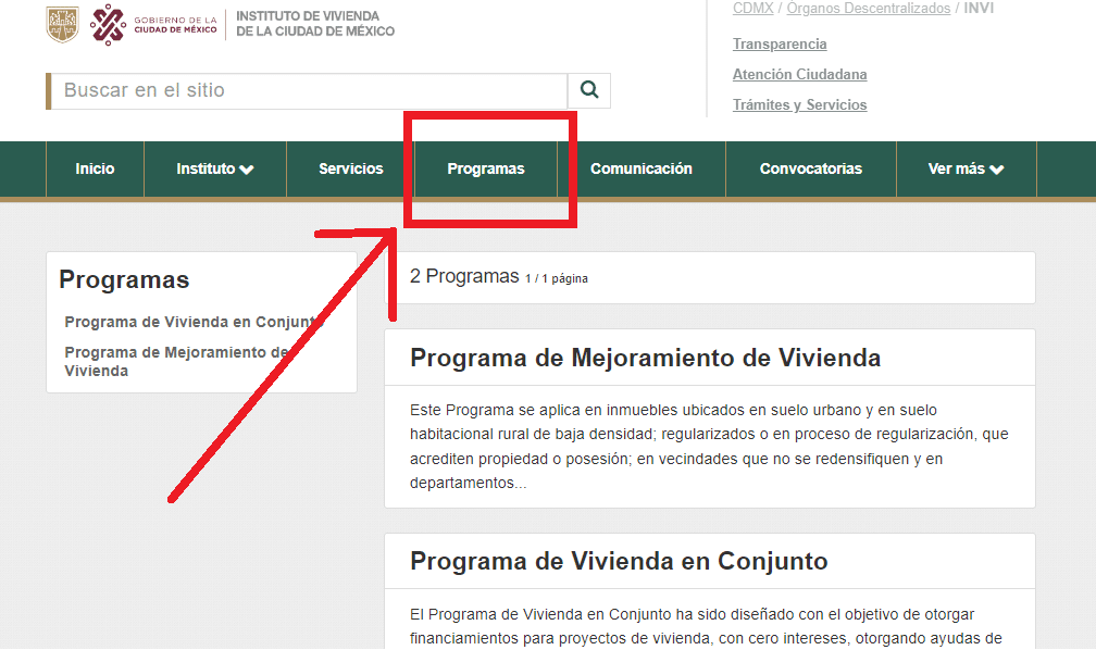 Página del Instituto de Vivienda de la Ciudad de México con la sección Programas marcada y los programas de Mejoramiento y de Vivienda en Conjunto