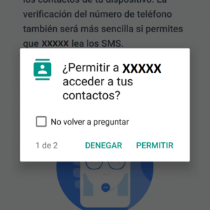 Solicitud de permiso en Android para que una app acceda a los contactos, con botones «Denegar» y «Permitir».