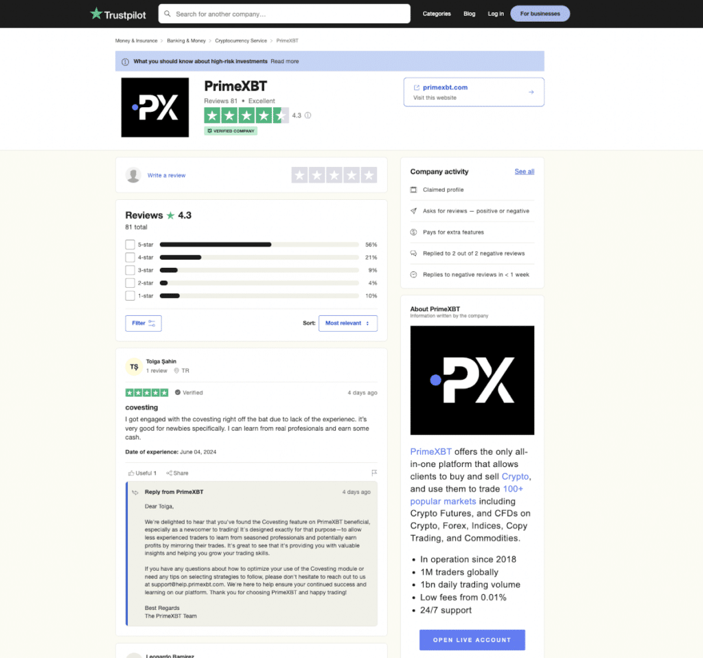 Review PrimeXBT di Trustpilot