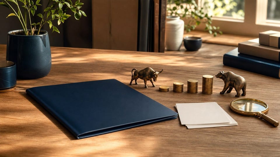 Bureau d'investissement avec jetons, dossier de courtage et figurines de taureau et d'ours pour illustrer un premier placement en Bourse.