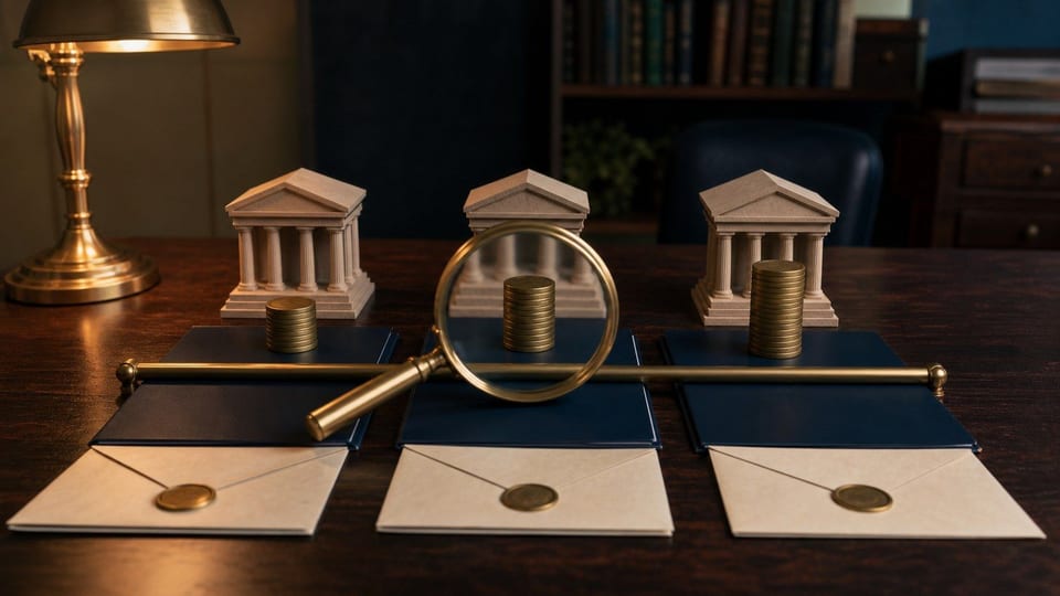 Meja perbandingan bunga pinjaman bank menampilkan folder pinjaman, model bank, koin polos, dan kaca pembesar.