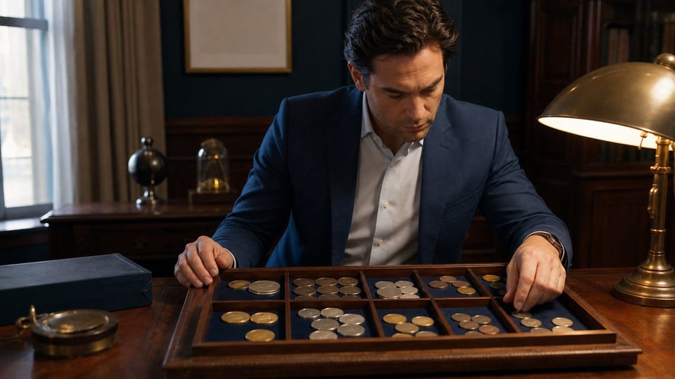 Dřevěná přihrádka s různými hladkými mincemi symbolizuje rozdělení investic v portfoliu.