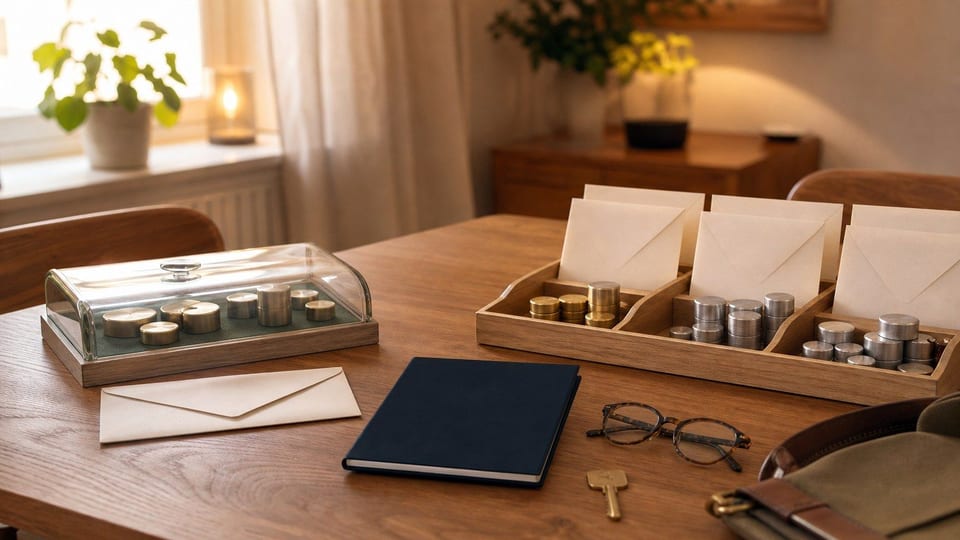 Två pensionsspår ligger på ett bord med arbetskuvert, sparkuvert och pensionsmapp.