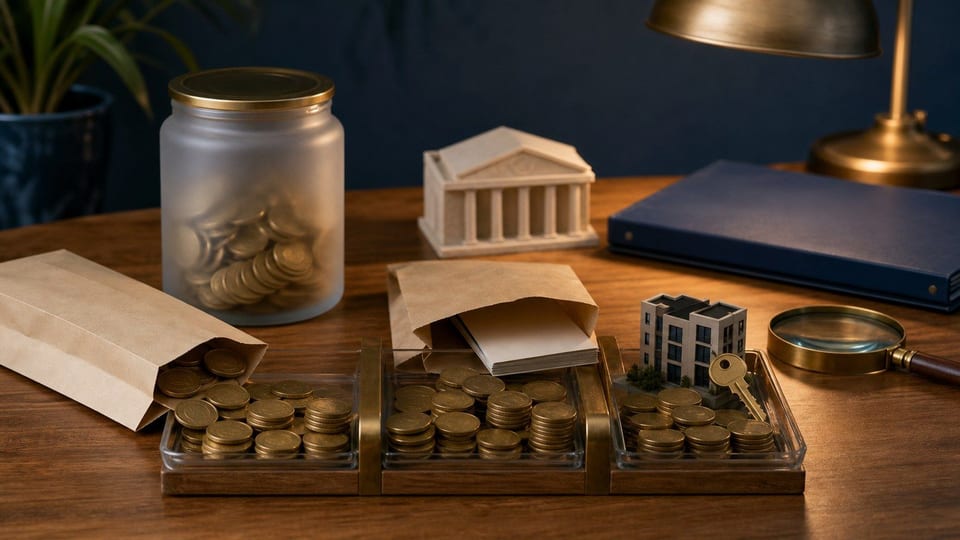 Mesa de impuestos con monedas distribuidas entre bandejas de salario, compras y vivienda.