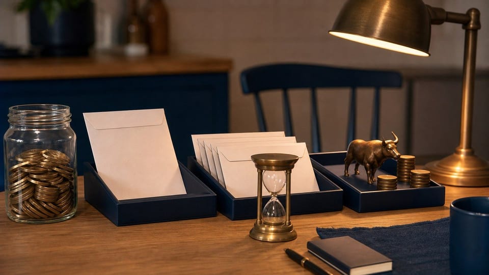 Una mesa de inversión a corto plazo con frasco de dinero disponible, bandejas de inversión, sobres y un reloj de arena.