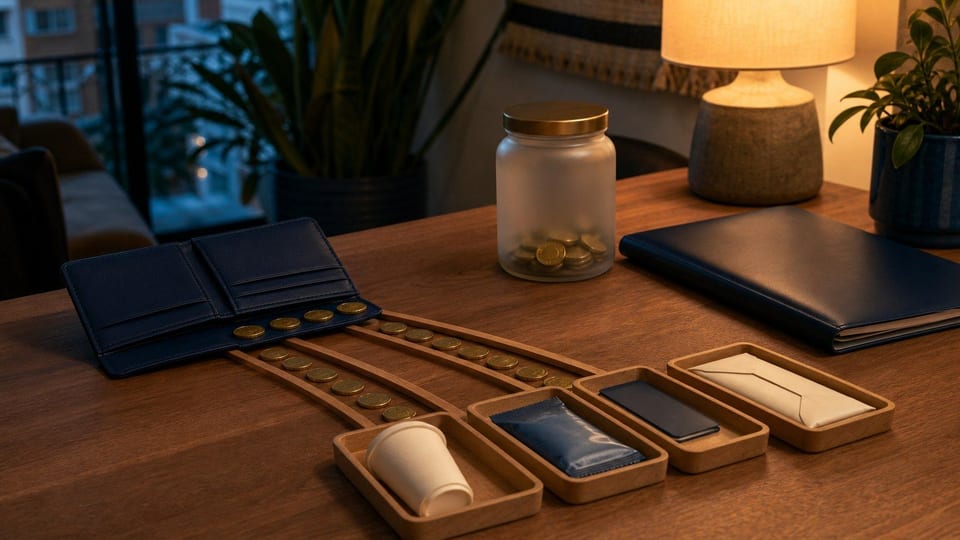 Cartera con pequeños discos metálicos que se reparten en bandejas de gastos diarios sobre una mesa.