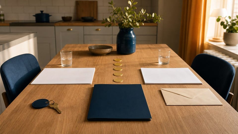Ett svenskt köksbord visar en låneöverlåtelse med två stolar, husnyckel, lånemapp, kuvert och mynt.
