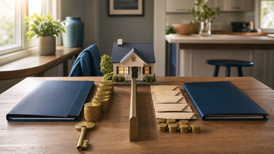 A kitchen table compares two home equity financing paths with a house model, folders, keys, envelopes, and coin stacks.
