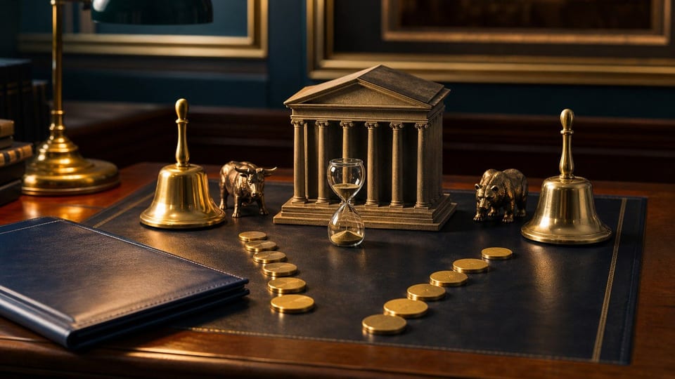 Mesa bursátil con edificio de bolsa, campanas, reloj de arena, figuras de toro y oso y monedas.