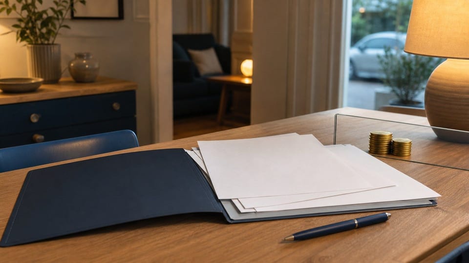 Mesa com uma pasta de solicitação de empréstimo em branco, documentos desalinhados, caneta azul-marinho e moedas atrás de uma barreira de vidro.