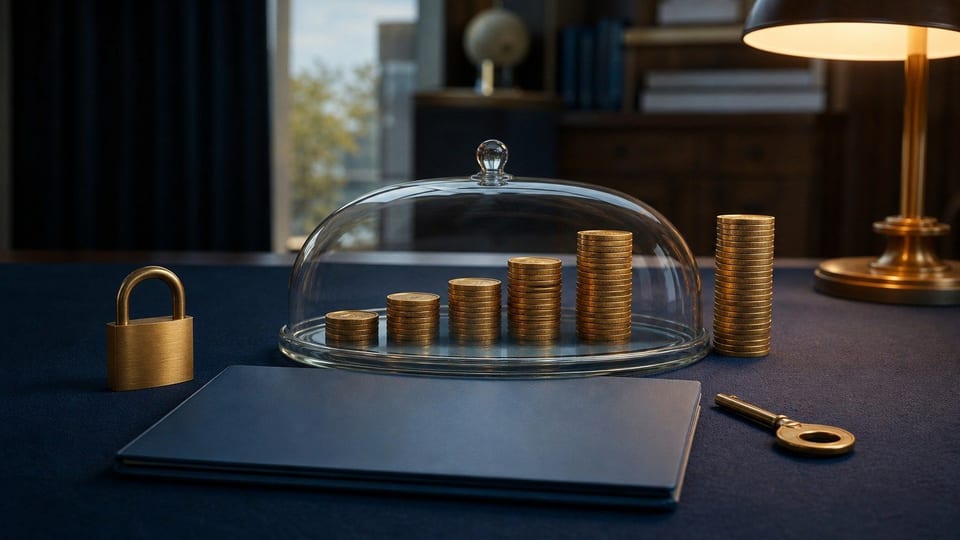 Des piles de pièces représentant les coûts du crédit sont arrêtées sous un plafond de verre protecteur à côté d'un dossier de prêt bleu.