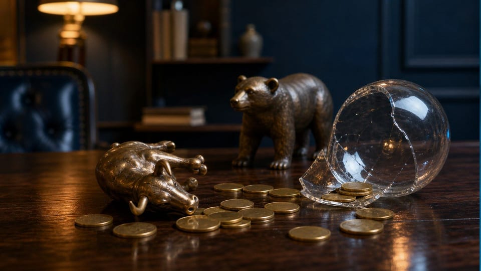 Un taureau renversé, un ours et des pièces éparpillées évoquent un krach boursier.