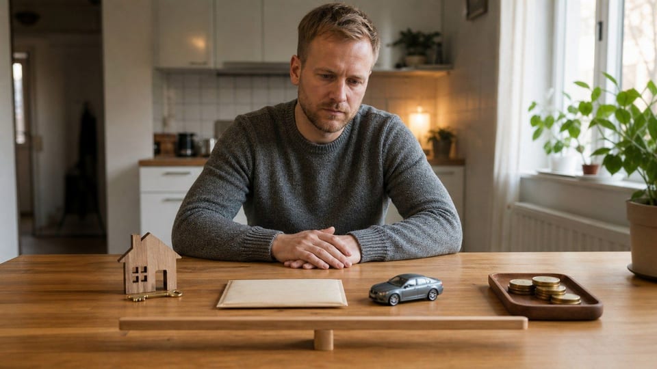 Suomalainen tarkastelee kotitalouden asuntolainaa, autolainaa ja kulutusluottoja keittiön pöydän ääressä.
