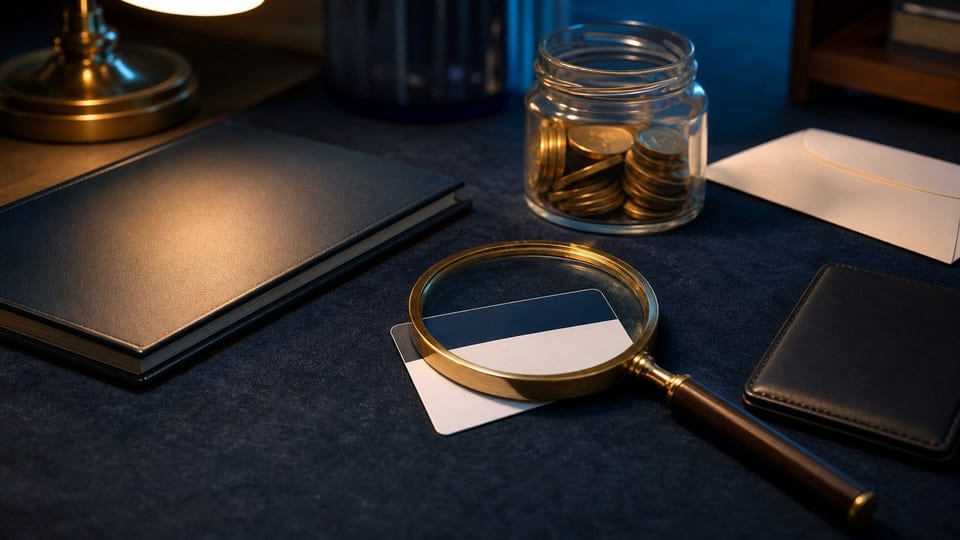 Une carte de paiement vierge posée sous une loupe avec un dossier de récompenses, une cagnotte et une enveloppe de frais.