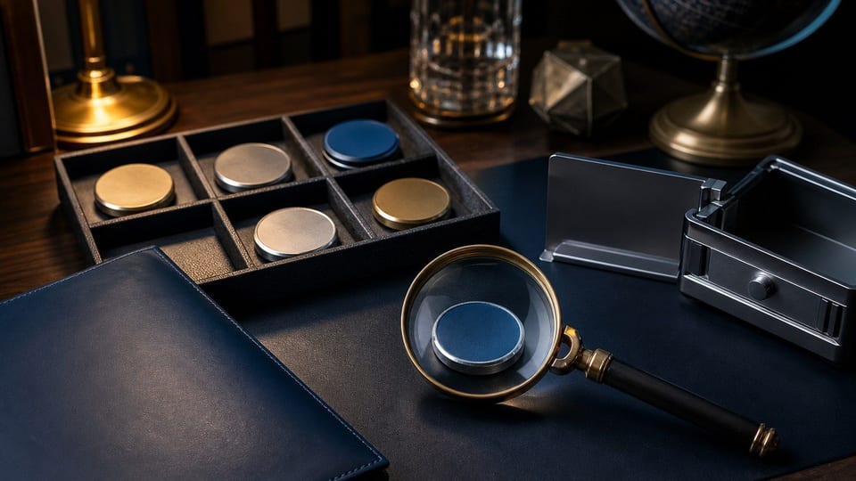 Bandeja de selección de exchanges cripto con tokens metálicos sin marcas, una lupa y una bóveda pequeña.