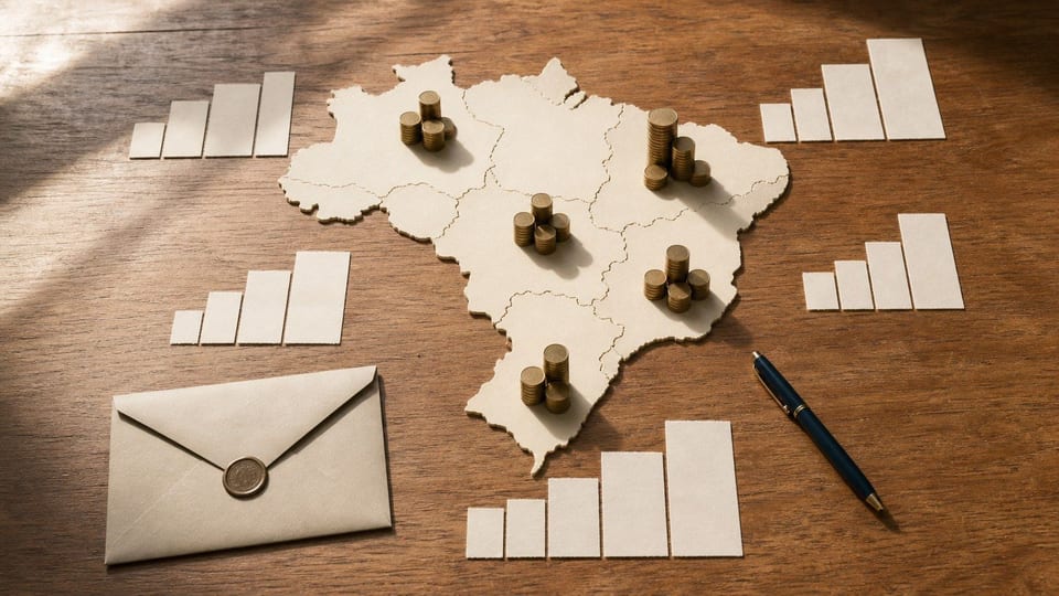 Mapa do Brasil formado por papeis financeiros em branco, fichas e barras de dados sobre uma mesa.