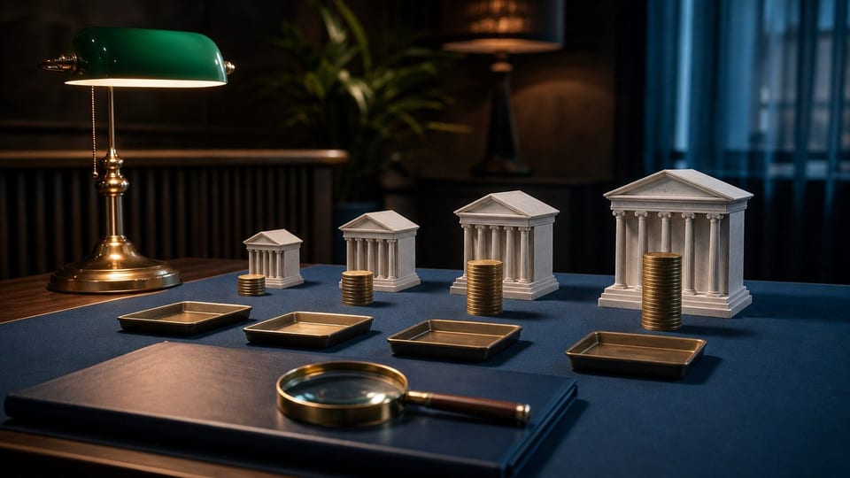 Ilustrasi klasifikasi bank Indonesia dengan model gedung bank tanpa label dan tumpukan modal yang bertingkat.