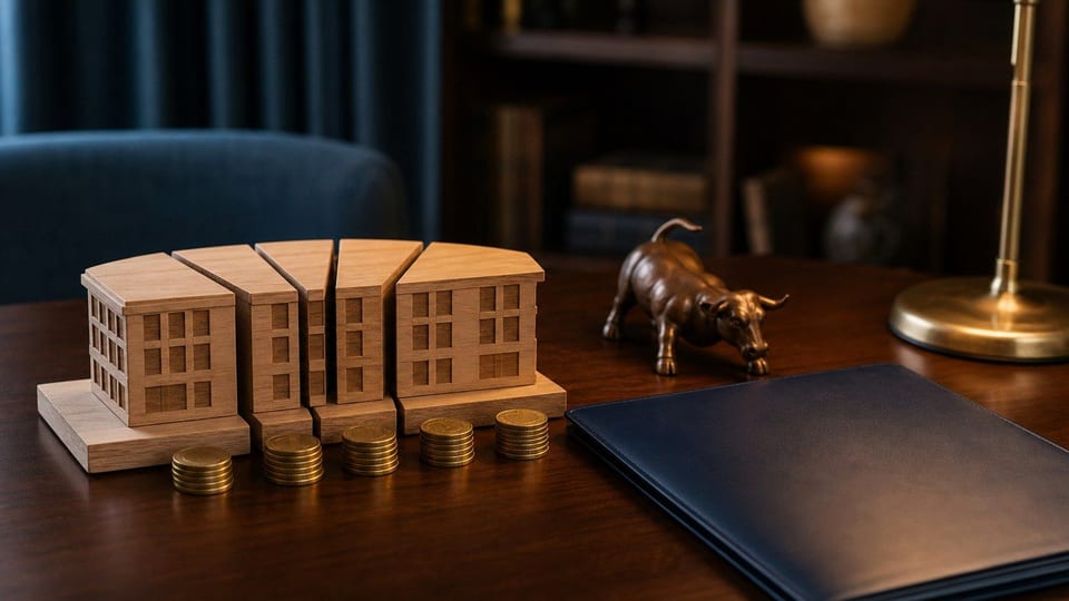 Model firmy rozdělený na vlastnické části leží na stole vedle mincí, býčí figurky a portfoliové složky.