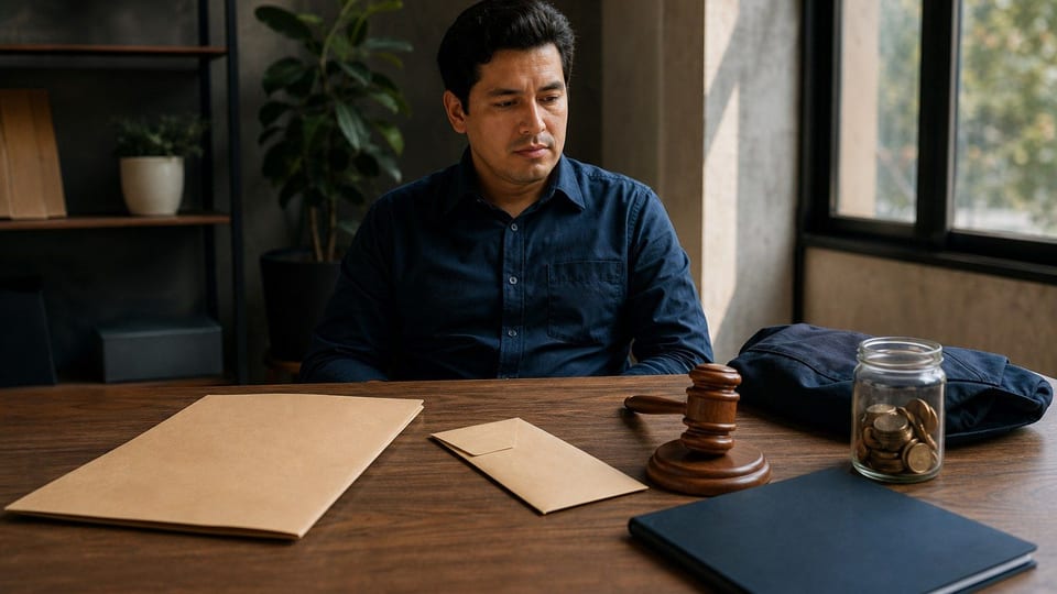 Empleado revisando documentos laborales en una mesa con monedas y carpeta legal.